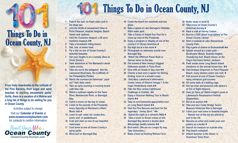 Colorful flyer titled “101 Things To Do in Ocean County, NJ,” listing various activities—including highlights of things to do in Toms River, NJ. It features a starfish, beach theme, and small logos at the bottom. The text is densely packed and brightly colored.