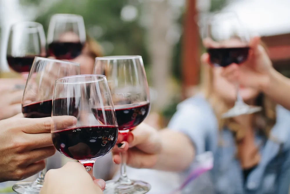 A group of people clinking glasses of red wine together in a celebratory toast, with a blurred outdoor background—a perfect example of the lively things to do in Toms River NJ.