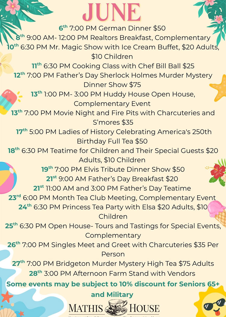 June event calendar at Mathis House, a charming bed and breakfast in Toms River, NJ, featuring dates, times, and themed activities like dinners, shows, tea parties, and social gatherings. Some events are marked as suitable for seniors aged 65 and older.