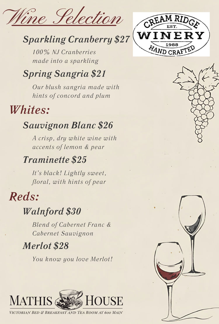 Wine menu featuring sparkling cranberry, spring sangria, white wines (Sauvignon Blanc, Traminette), red wines (Walnford, Merlot), grape illustration, and the Cream Ridge Winery logo. Perfect for guests enjoying a stay at a charming bed and breakfast in Toms River NJ. Victorian house logo at the bottom.