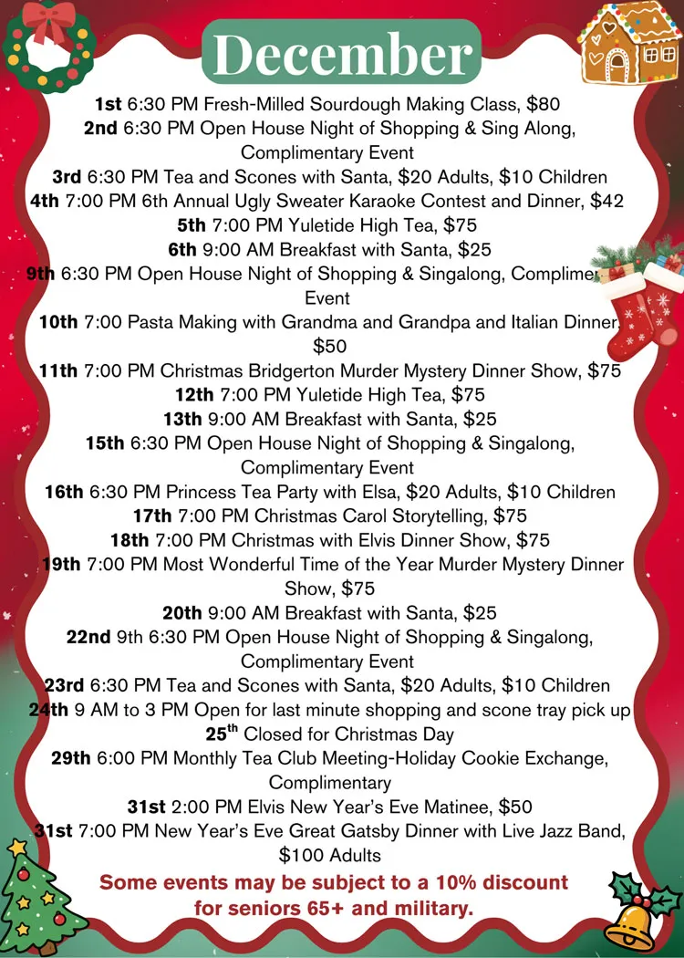 Colorful December event calendar with a gingerbread theme at our bed and breakfast in Toms River NJ. Enjoy classes, breakfasts with Santa, murder mystery dinners, live music, plus seniors and military discounts.