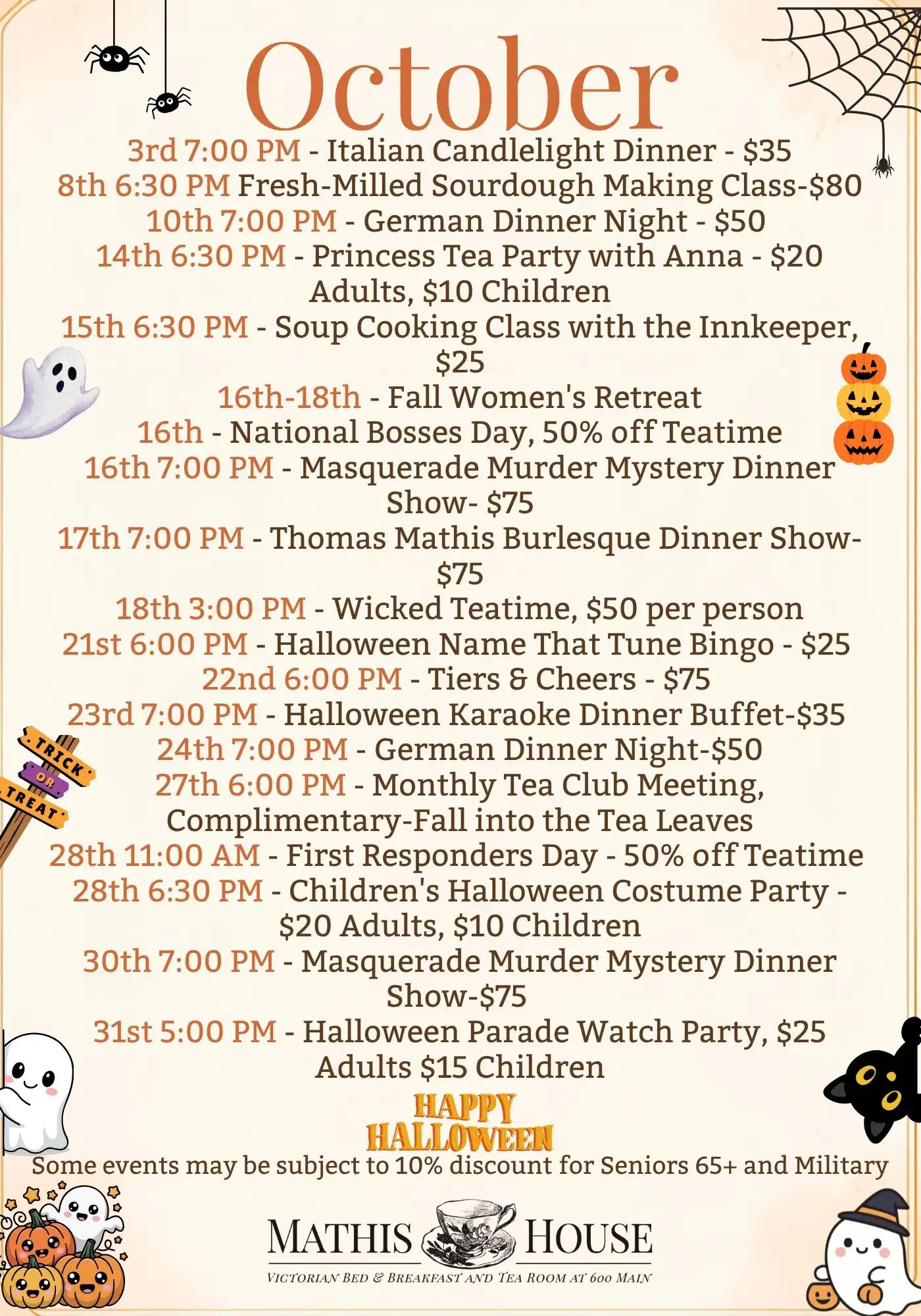 October events calendar at Mathis House, a charming bed and breakfast in Toms River NJ, features cartoon pumpkins, ghosts, and bats. Enjoy themed dinners, teas, karaoke, murder mystery, spa day, and Halloween festivities.