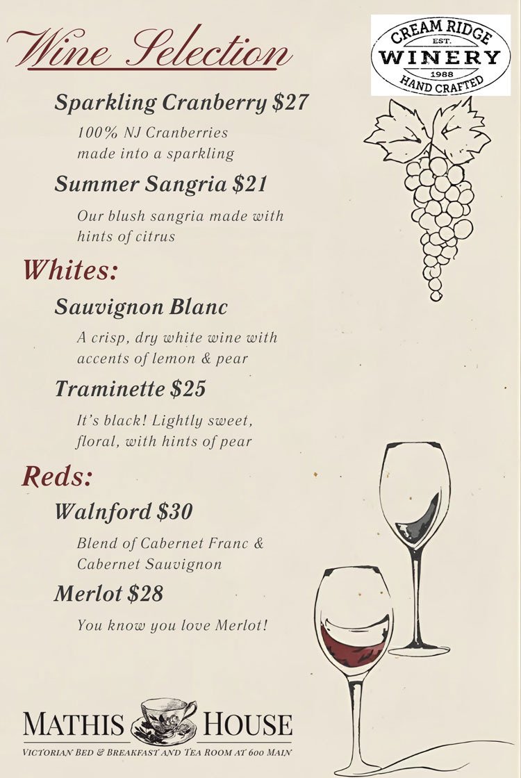 A wine menu at Cream Ridge Winery features sparkling cranberry, summer sangria, and more. Two wine glasses sit on the right—perfect inspiration for your next bed and breakfast in Toms River NJ getaway.